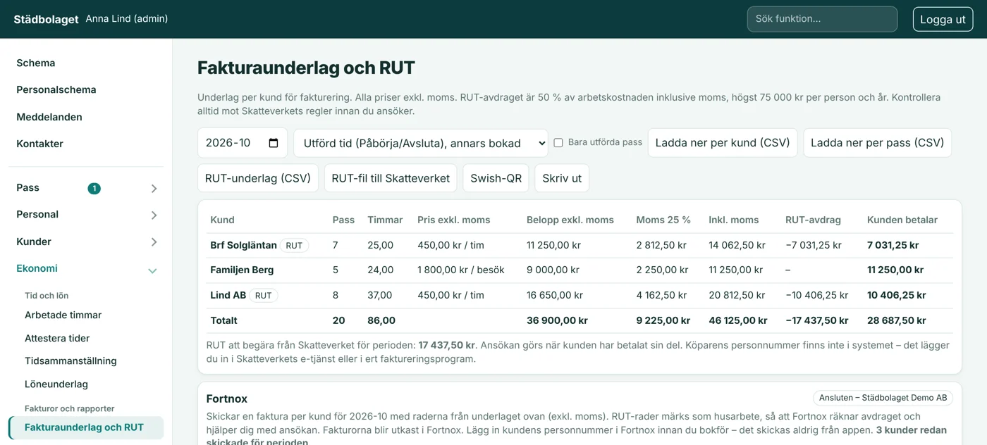 Fakturaunderlag med RUT som skickas till Fortnox eller Spiris